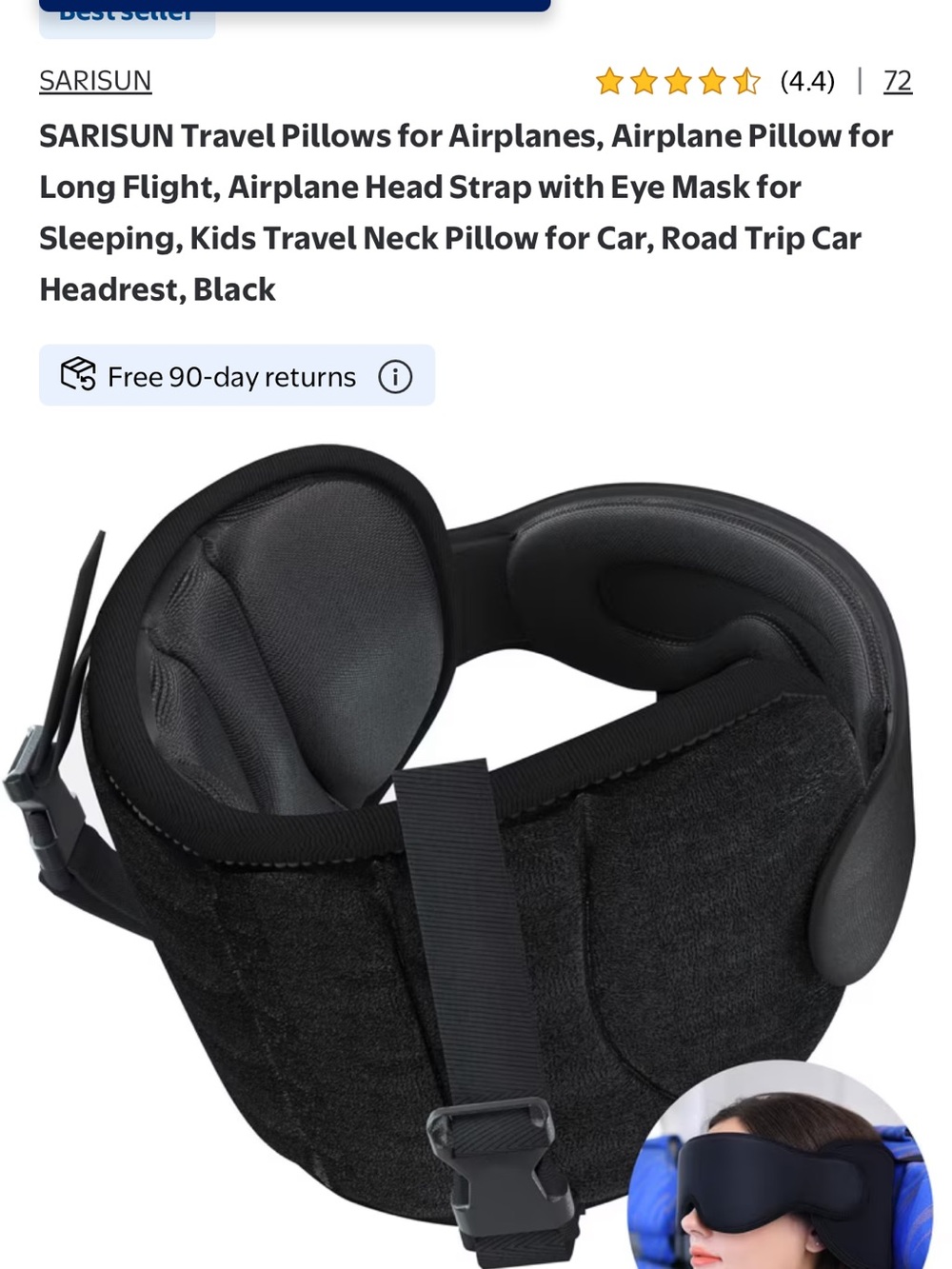 Black Neck Travel Pillow with Adjustable Head Strap and Eye Mask